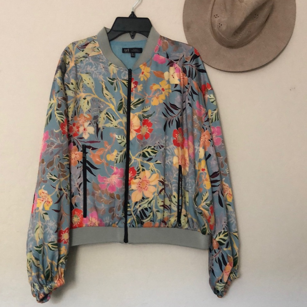 Zara Floral Bomber Jacket in Light Blue with Multicolor Floral Print